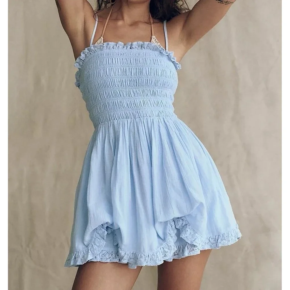 Free People Free-est Josephine Bustle Tube Mini Dress Smocked Ruffle XL 285056 - Picture 2 of 8